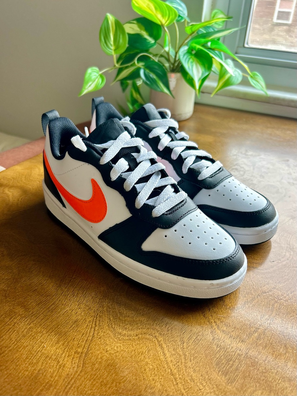 Nike Court Borough Low 2 in White, Black & Orange Swoosh